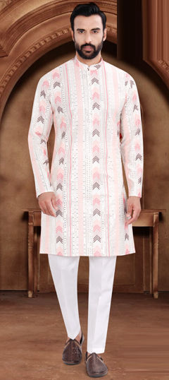 White and Off White color Kurta Pyjamas in Rayon fabric with Embroidered, Resham, Sequence, Thread work