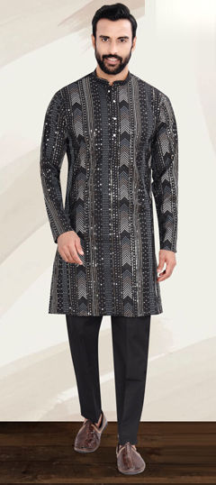 Black and Grey color Kurta Pyjamas in Rayon fabric with Embroidered, Resham, Sequence, Thread work