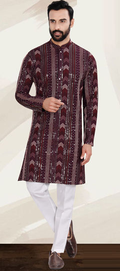 Red and Maroon color Kurta Pyjamas in Rayon fabric with Embroidered, Resham, Sequence, Thread work