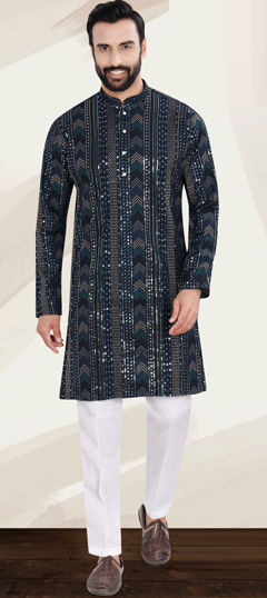 Blue color Kurta Pyjamas in Rayon fabric with Embroidered, Resham, Sequence, Thread work