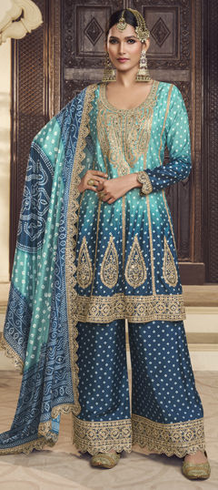 Blue color Salwar Kameez in Silk fabric with Bandhej, Embroidered, Mirror, Printed, Thread, Zari work