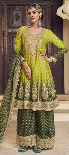 Green color Salwar Kameez in Silk fabric with Bandhej, Embroidered, Mirror, Printed, Thread, Zari work