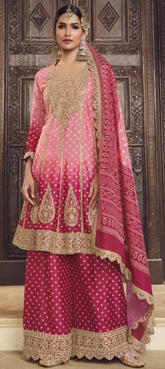 Pink and Majenta color Salwar Kameez in Silk fabric with Bandhej, Embroidered, Mirror, Printed, Thread, Zari work