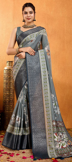 Black and Grey color Saree in Crepe Silk fabric with Printed, Weaving work