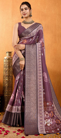 Pink and Majenta color Saree in Crepe Silk fabric with Printed, Weaving work