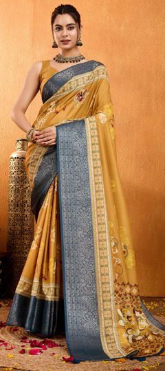 Yellow color Saree in Crepe Silk fabric with Printed, Weaving work