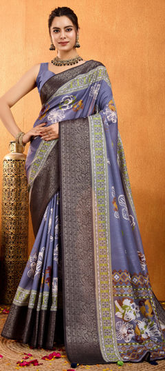 Black and Grey color Saree in Crepe Silk fabric with Printed, Weaving work