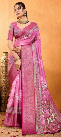 Pink and Majenta color Saree in Crepe Silk fabric with Printed, Weaving work