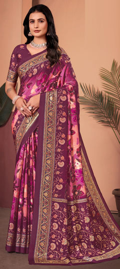 Pink and Majenta color Saree in Crepe Silk fabric with Floral, Printed work