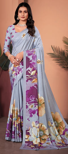 Black and Grey color Saree in Crepe Silk fabric with Floral, Printed work