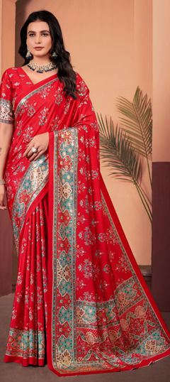 Red and Maroon color Saree in Crepe Silk fabric with Floral, Printed work