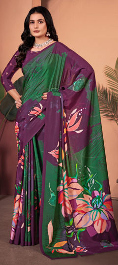 Green, Pink and Majenta color Saree in Crepe Silk fabric with Floral, Printed work