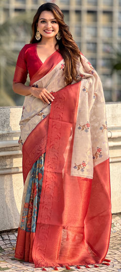 Red and Maroon color Saree in Linen fabric with Printed, Weaving work