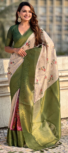 Green color Saree in Linen fabric with Printed, Weaving work