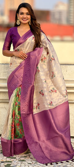 Purple and Violet color Saree in Linen fabric with Printed, Weaving work