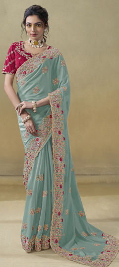 Green color Saree in Georgette fabric with Embroidered, Resham, Stone, Thread work