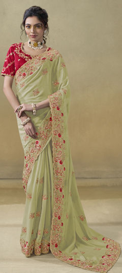 Green color Saree in Georgette fabric with Embroidered, Resham, Stone, Thread work