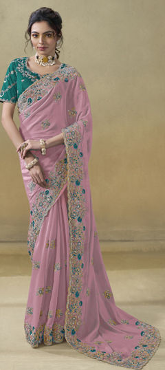 Pink and Majenta color Saree in Georgette fabric with Embroidered, Resham, Stone, Thread work