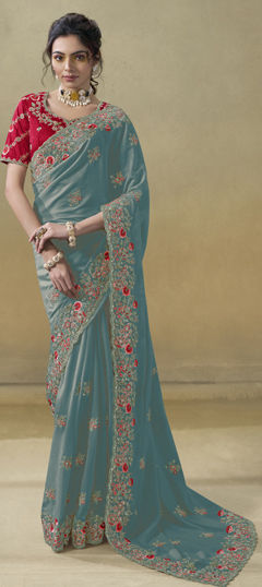 Blue color Saree in Georgette fabric with Embroidered, Resham, Stone, Thread work