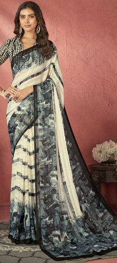 Black and Grey, White and Off White color Saree in Faux Georgette fabric with Printed work