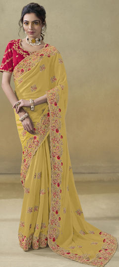 Yellow color Saree in Georgette fabric with Embroidered, Resham, Stone, Thread work