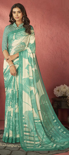 Green, White and Off White color Saree in Faux Georgette fabric with Floral, Printed work