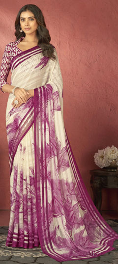 Pink and Majenta, White and Off White color Saree in Faux Georgette fabric with Floral, Printed work