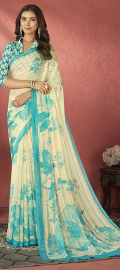 Blue, White and Off White color Saree in Faux Georgette fabric with Floral, Printed work