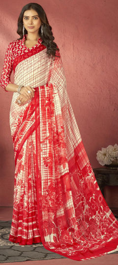 Red and Maroon, White and Off White color Saree in Faux Georgette fabric with Floral, Printed work