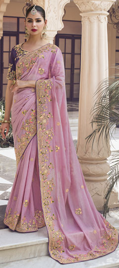 Purple and Violet color Saree in Georgette fabric with Embroidered, Sequence, Thread, Zari work