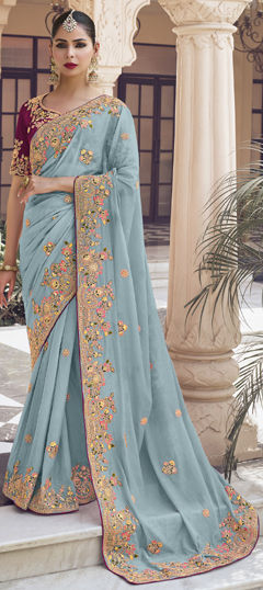 Blue color Saree in Georgette fabric with Embroidered, Sequence, Thread, Zari work