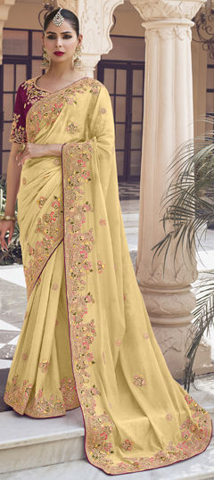 Yellow color Saree in Georgette fabric with Embroidered, Sequence, Thread, Zari work