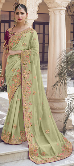 Green color Saree in Georgette fabric with Embroidered, Sequence, Thread, Zari work