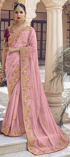 Pink and Majenta color Saree in Georgette fabric with Embroidered, Sequence, Thread, Zari work