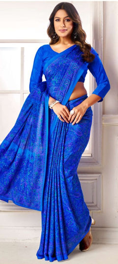 Blue color Saree in Crepe Silk fabric with Printed work