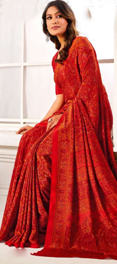 Red and Maroon color Saree in Crepe Silk fabric with Printed work