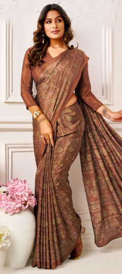 Beige and Brown color Saree in Crepe Silk fabric with Printed work