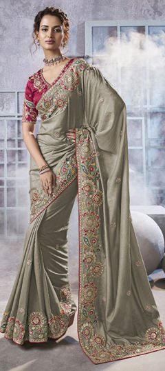 Black and Grey color Saree in Georgette fabric with Embroidered, Sequence, Stone, Thread, Zari work