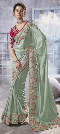 Green color Saree in Georgette fabric with Embroidered, Sequence, Stone, Thread, Zari work