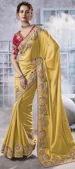 Yellow color Saree in Georgette fabric with Embroidered, Sequence, Stone, Thread, Zari work