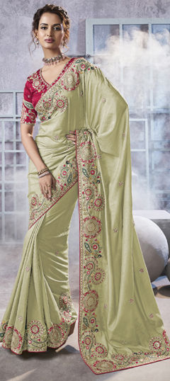 Green color Saree in Georgette fabric with Embroidered, Sequence, Stone, Thread, Zari work