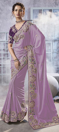 Purple and Violet color Saree in Georgette fabric with Embroidered, Sequence, Stone, Thread, Zari work