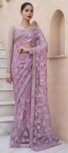 Purple and Violet color Saree in Net fabric with Bugle Beads, Cut Dana, Sequence work