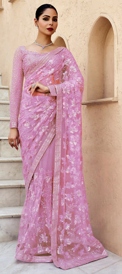 Pink and Majenta color Saree in Net fabric with Bugle Beads, Cut Dana, Sequence work