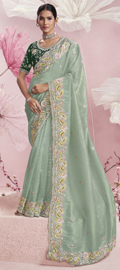 Green color Saree in Crushed Silk fabric with Sequence, Stone, Thread, Zari work