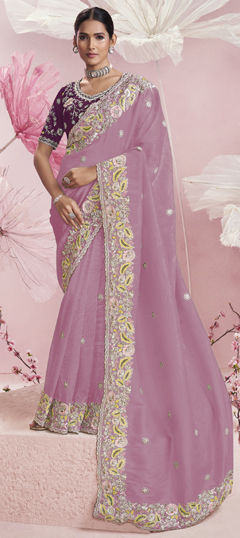 Purple and Violet color Saree in Crushed Silk fabric with Sequence, Stone, Thread, Zari work