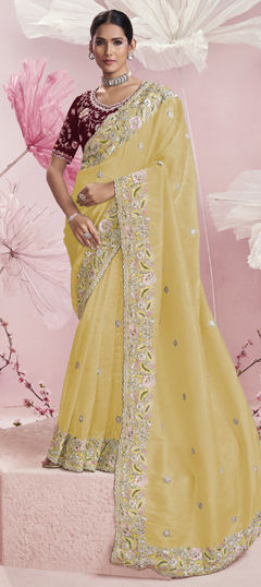 Yellow color Saree in Crushed Silk fabric with Sequence, Stone, Thread, Zari work