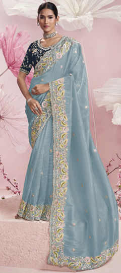 Blue color Saree in Crushed Silk fabric with Sequence, Stone, Thread, Zari work