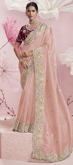 Pink and Majenta color Saree in Crushed Silk fabric with Sequence, Stone, Thread, Zari work