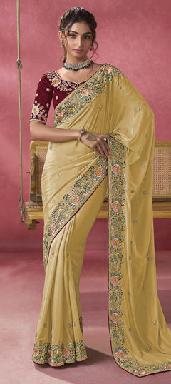 Yellow color Saree in Georgette fabric with Bugle Beads, Sequence, Thread, Zari work